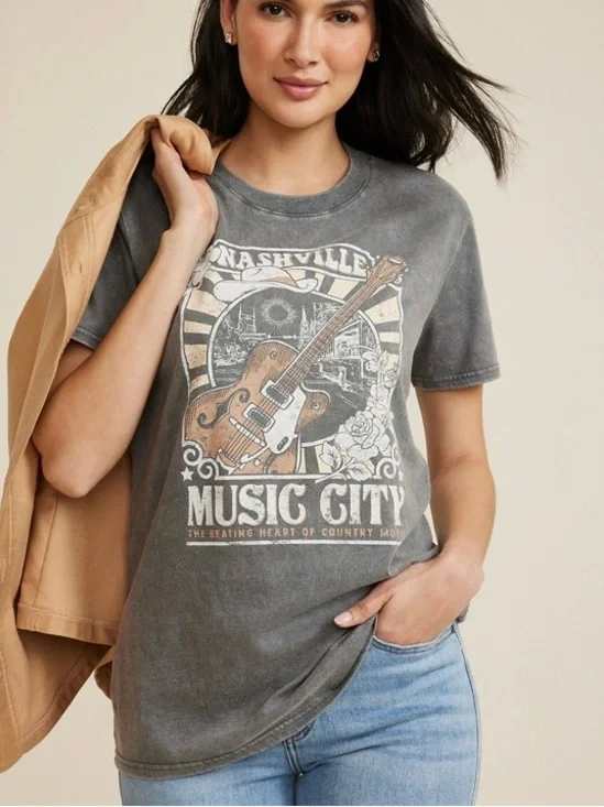 Maurices Nashville Music City Oversized Graphic Tee Gray Country Large Women’s - Picture 11 of 11